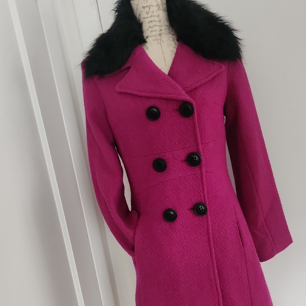 Bagatelle Fuchsia Double-Breasted Pea Coat with Removeable Black Faux Fur Collar - Picture 7 of 13
